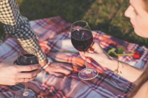 people at picnic drinking wine on plaid blanket