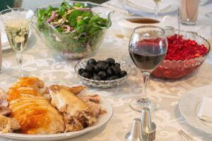 Red wine with turkey, cranberry and salad dinner