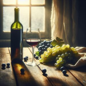 Wine with grapes, blueberries in front of window