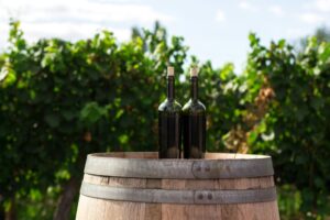 wine on a barrel in vineyard