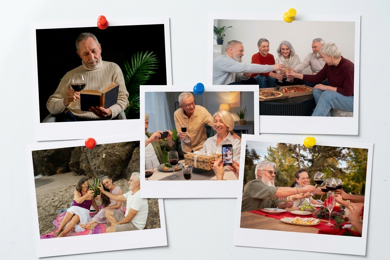 Seniors drinking in various social settings